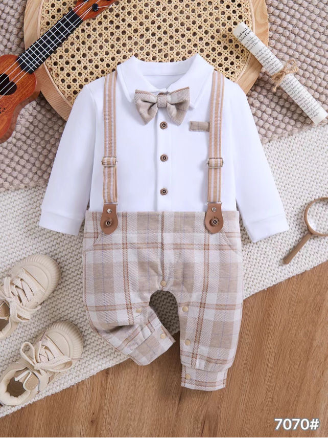 7070 - White/Checked Beige - 1-3/3-6/6-9/9-12/12-18 months - 85%cotton 9%Polyester 6%Spandex
