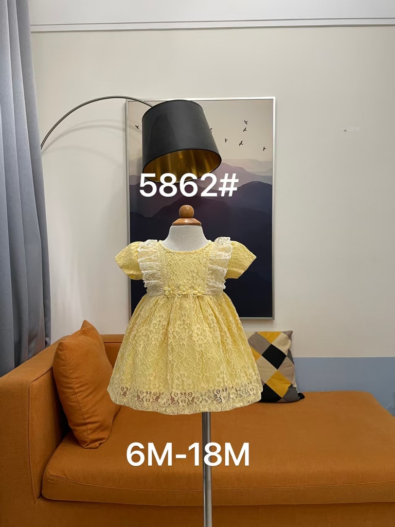 Baby girl Dress - 6,9,12,18 Months - 5862 - Yellow - Cotton 65%, 35% Polyster