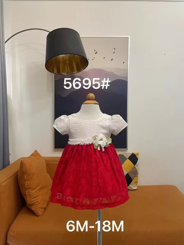 'Baby girl Dress - 6,9,12,18 Months - 5695 - White/Red - Cotton 65%, 35% Polyster