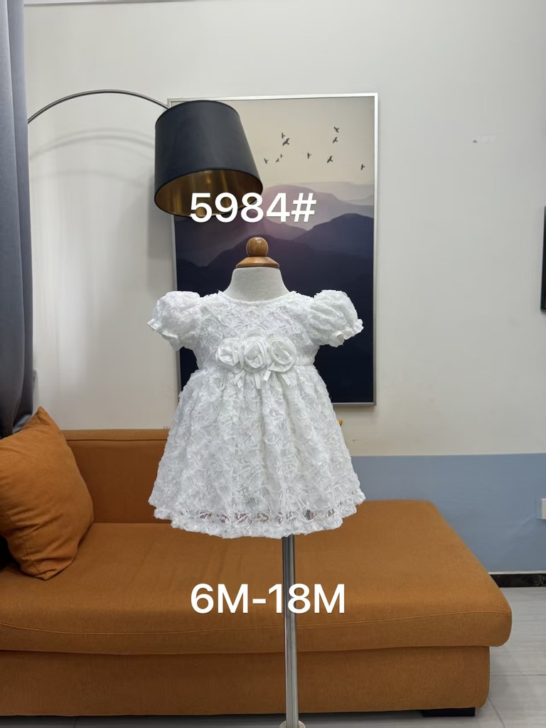 Baby girl Dress - 6,9,12,18 Months - 5984 - White - Cotton 65%, 35% Polyster